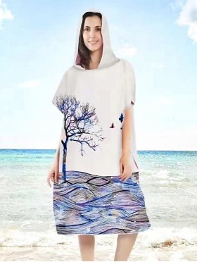 Ladies Fashion Print Beach Towel Robe  W/ Hood